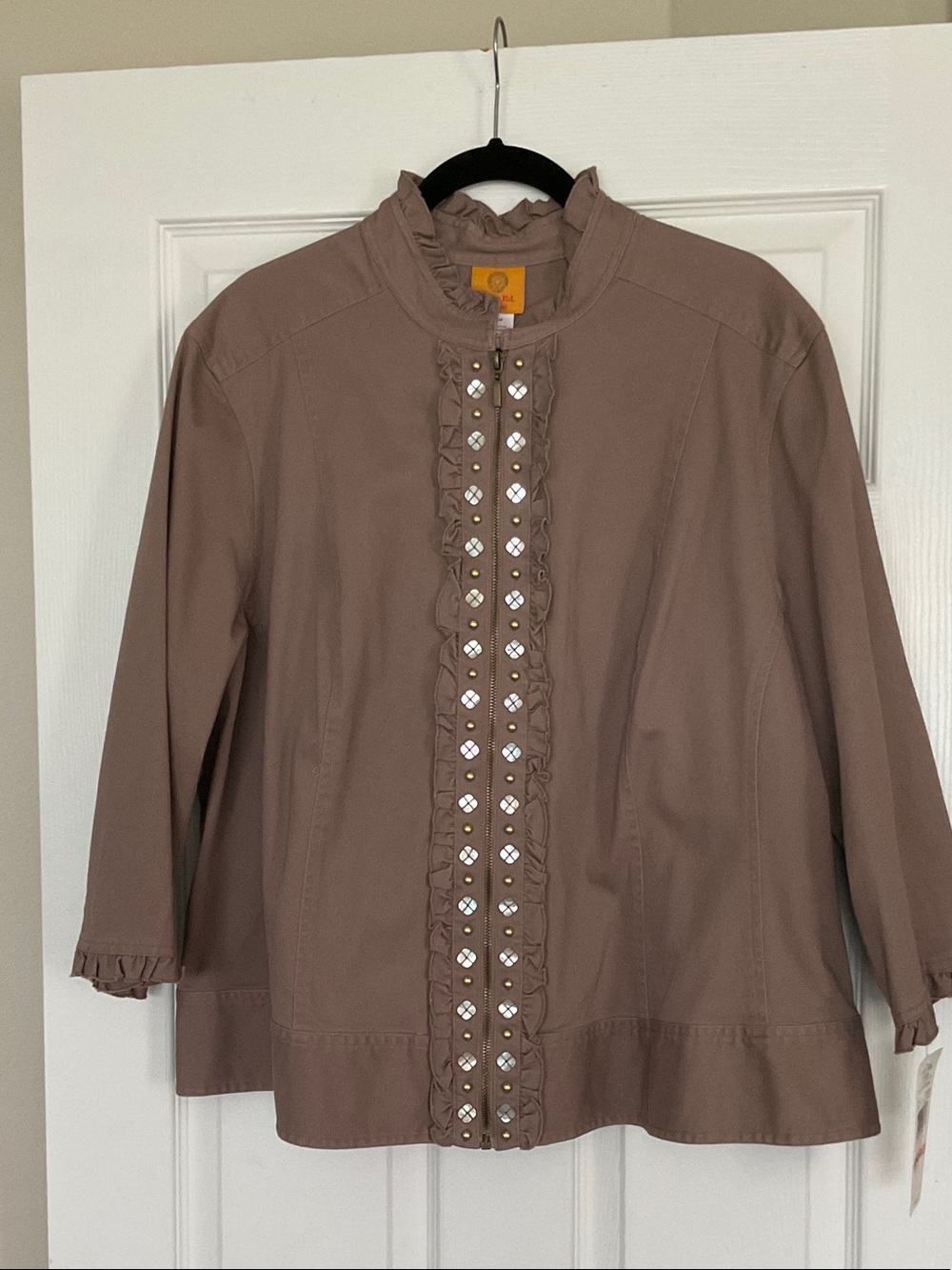 Ruby Rd. Mauve Brown Embellished Ruffle Front Utility Jacket